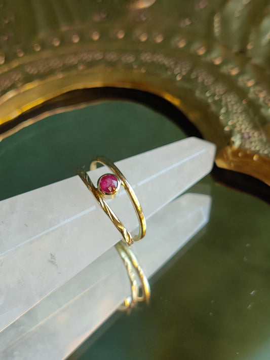 geel gouden ring met twee banden en robijn tussen