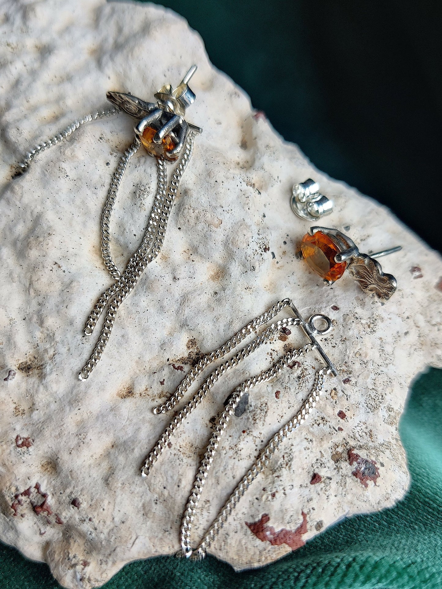 citrien oorbellen met kettingkjes zilver