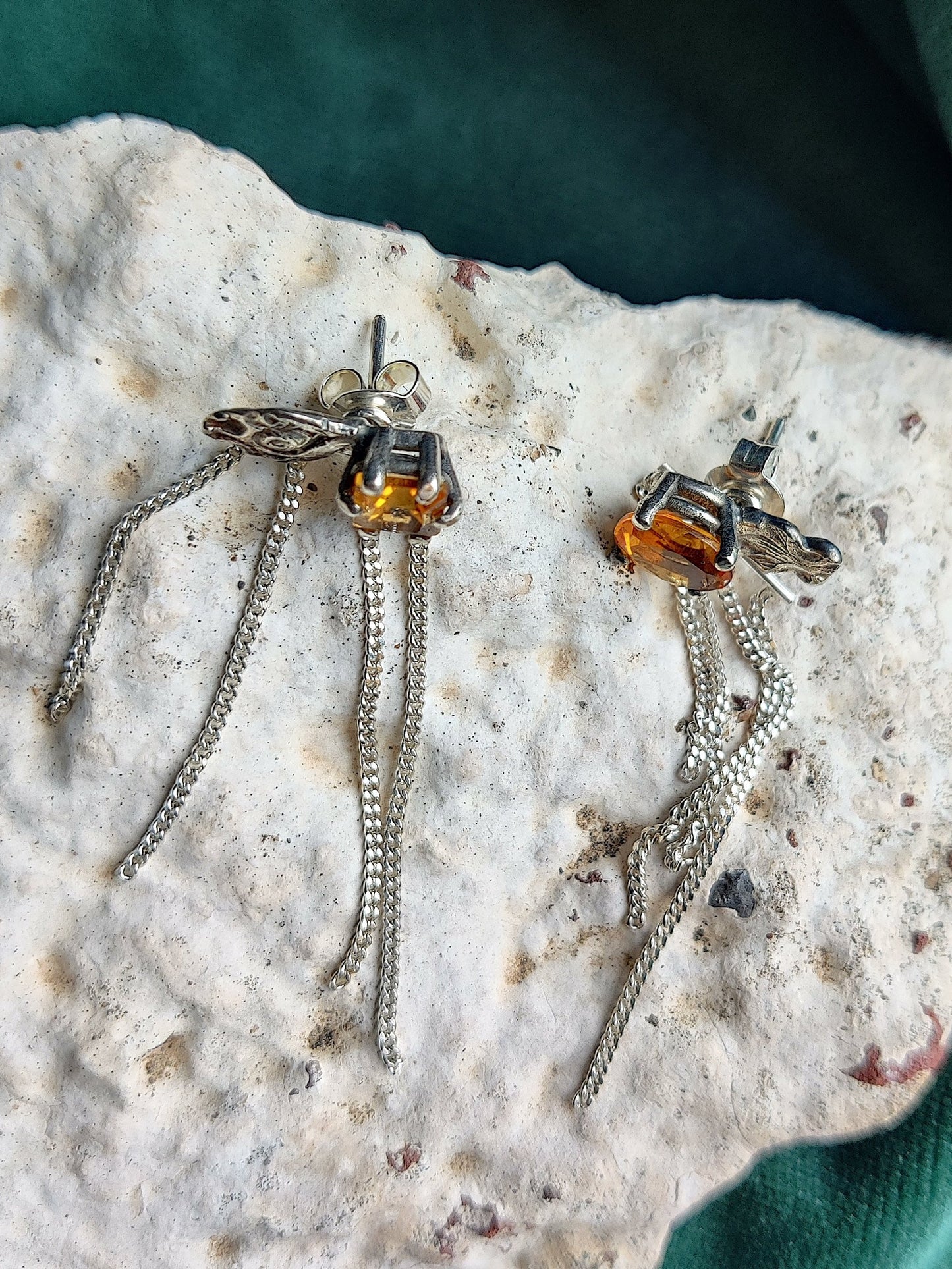 oorbellen met bewegende kettingkjes zilver met citrien steen