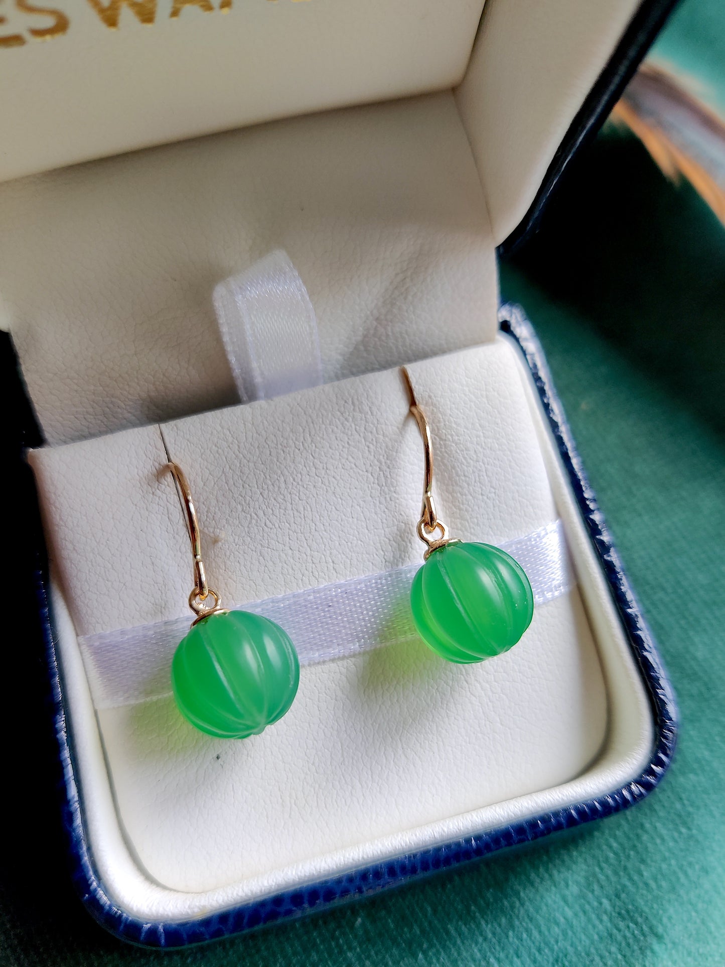 Oorbellen in 14k geel goud met groene Onyx - Pompoen