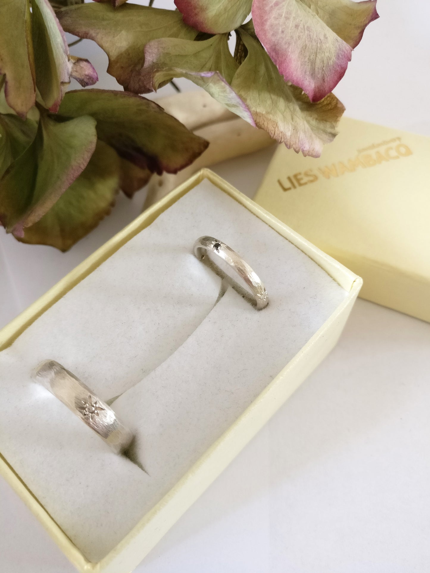 Trouwringen in 18k wit goud met witte en zwarte diamant: Eowyn en Faramir