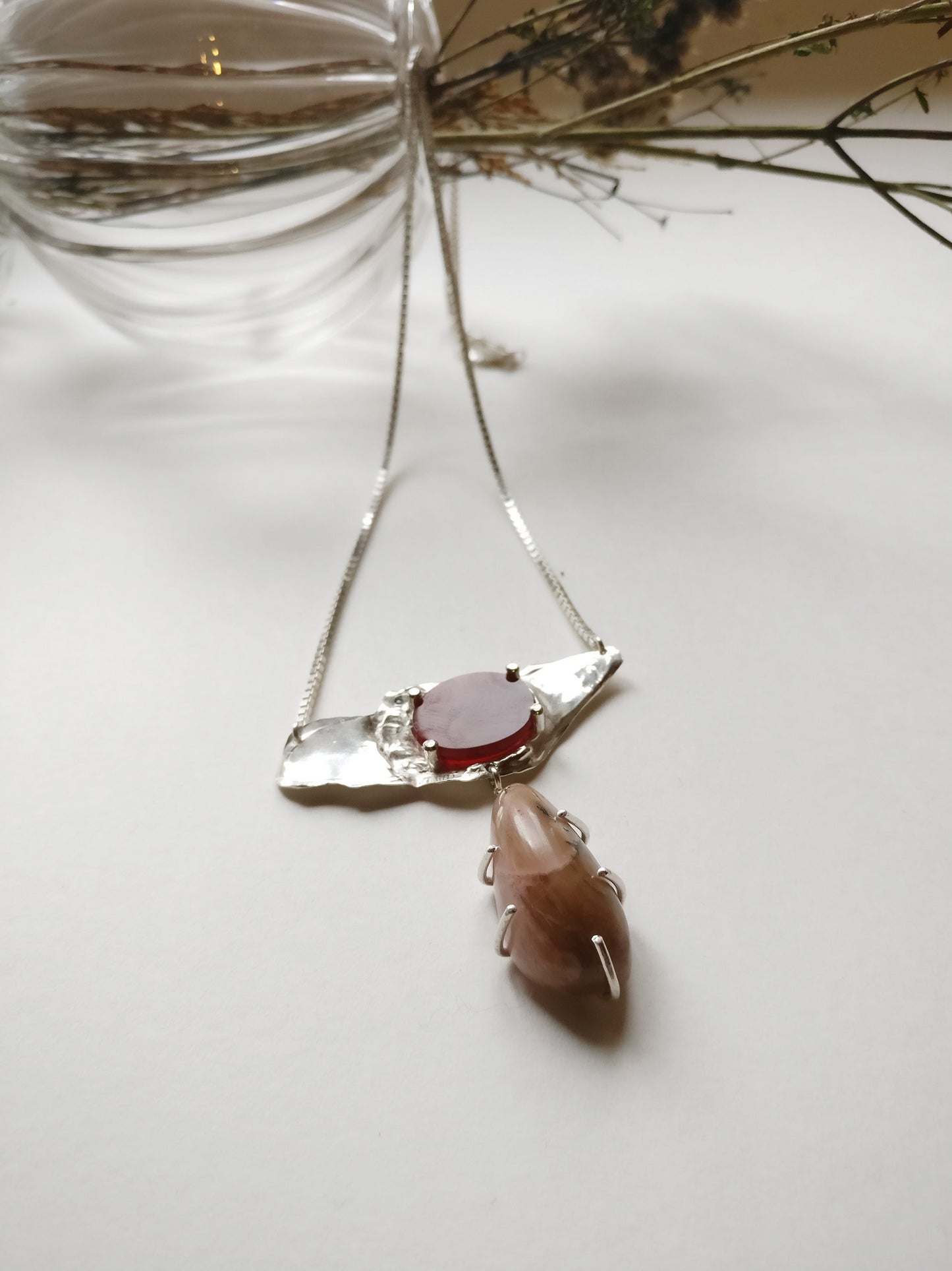 Ketting in zilver met oranje carneool en roze jaspis: Carneool