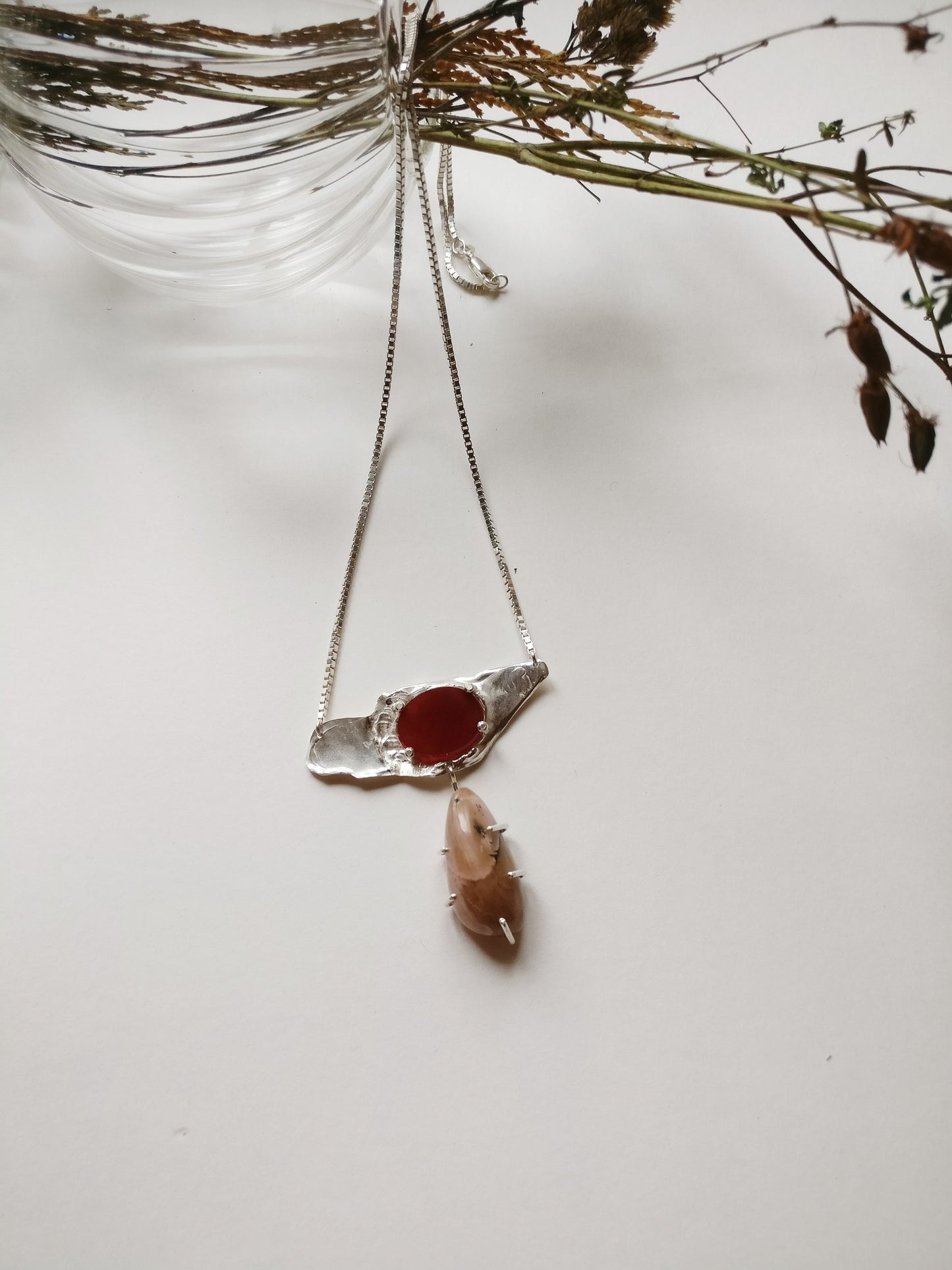 Ketting in zilver met oranje carneool en roze jaspis: Carneool