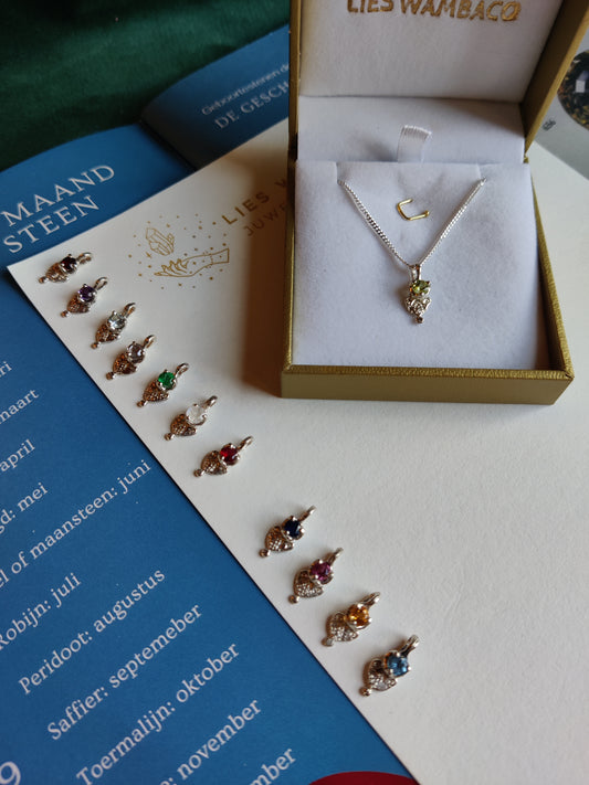 Hanger en ketting in zilver met geboortesteen - Love (alle maanden)