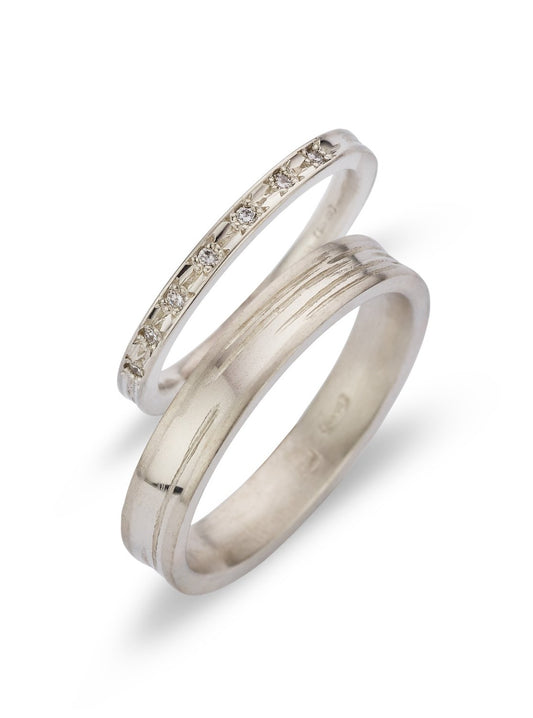 Trouwringen in 18k wit goud met diamant: Meg en Jack